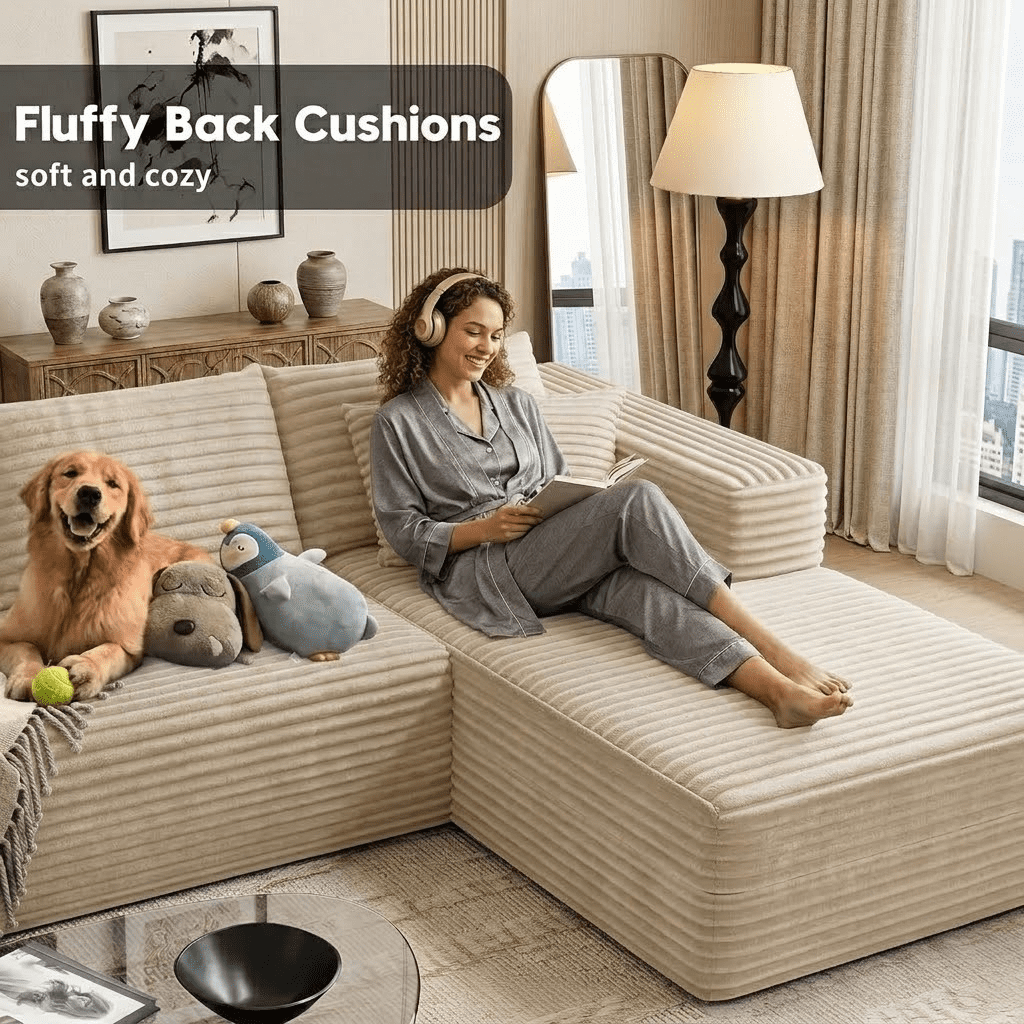 EPOWP 133" Modular Cloud Couch Sectional Sofa, U-Shaped Oversized Sofa with Chaise, Boneless Deep Seat Corduroy Couch with Memory Foam, Cup Holders & Side Pockets, No Assembly Required，Beige