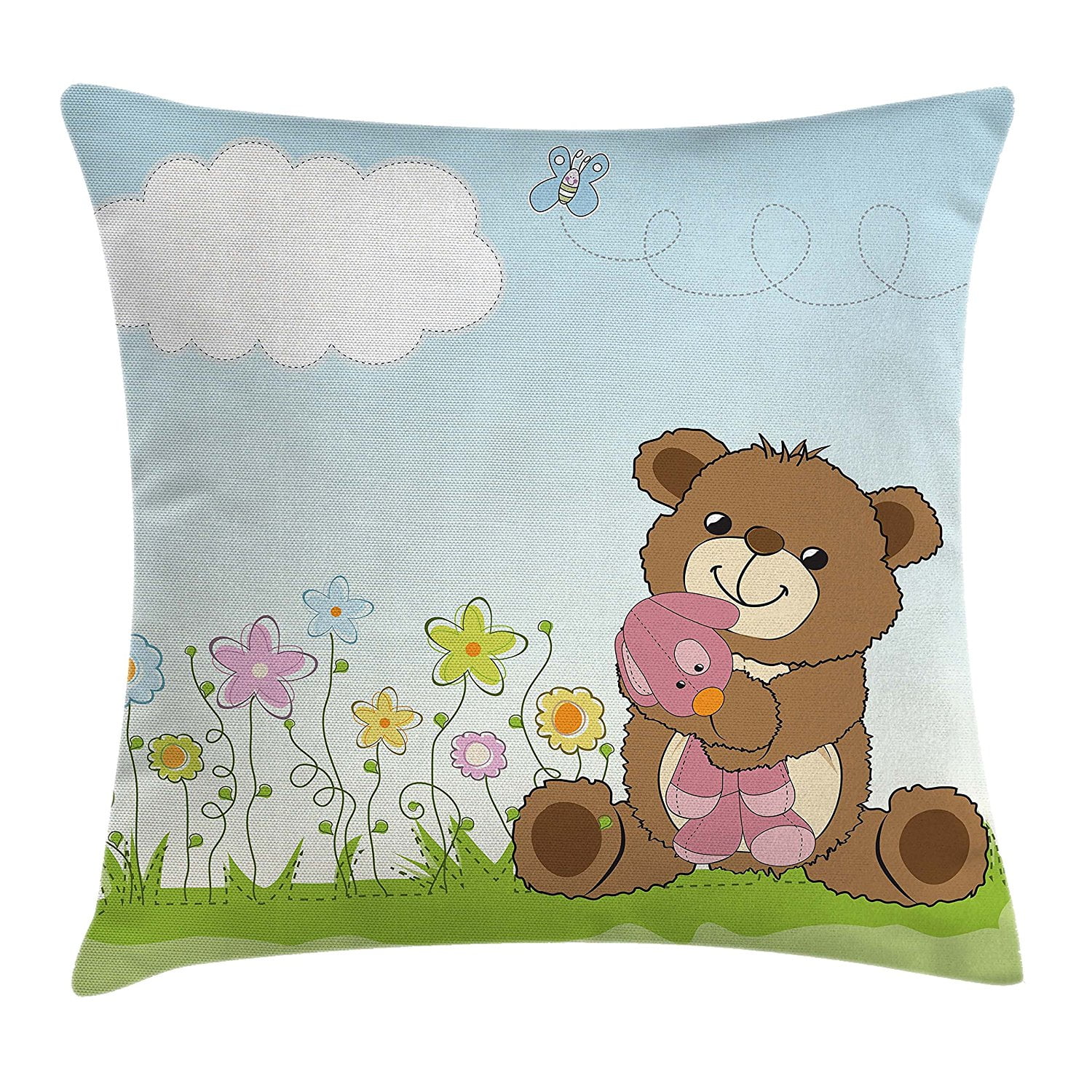 Kids Throw Pillow Cushion Cover by , Cartoon Style Cute Teddy Bear with