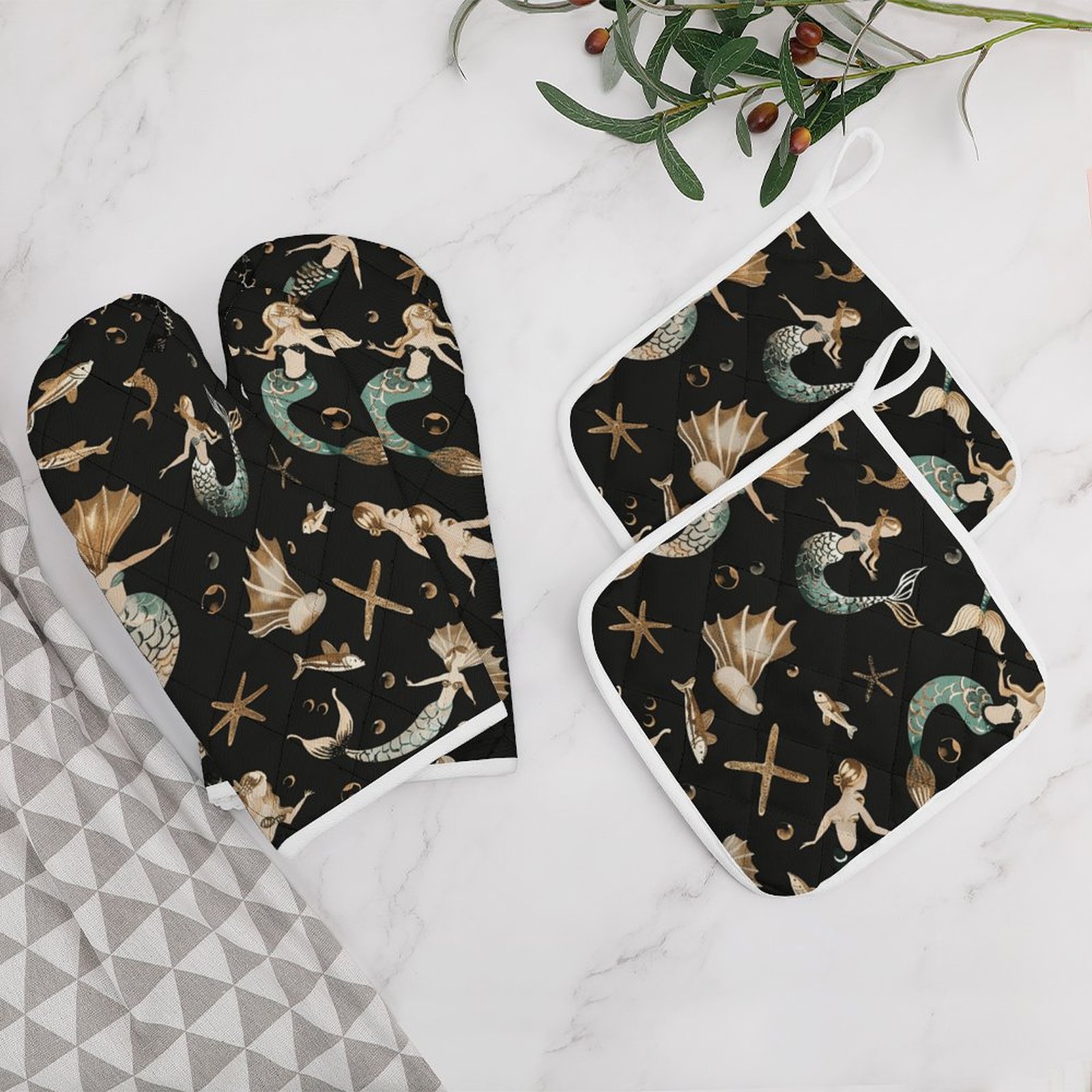 Ocean Cute Mermaid Oven Mitt And Pot Holder Set Oven Glove for Kitchen Baking Cooking Grilling
