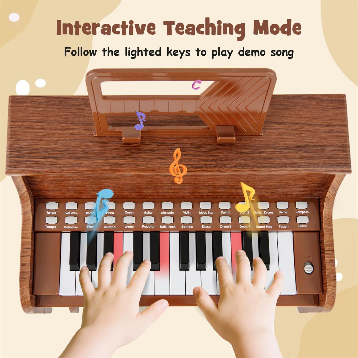 Demi Bonn Brown 25-Key Piano with Stool, Music Enlightenment, Adjustable Speed & Volume, Record/Playback