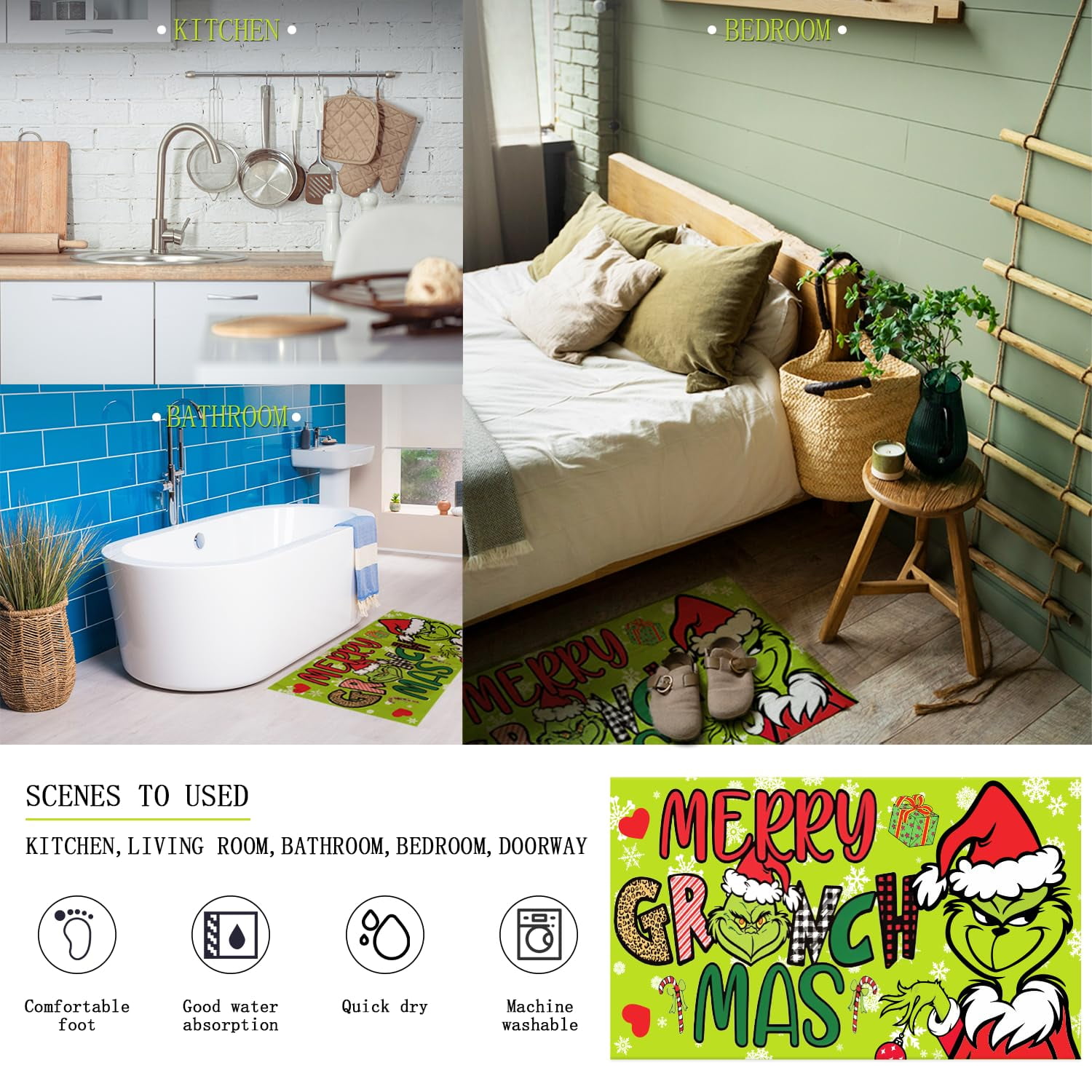 4 Pcs Christmas Bathroom Set with Shower Curtain with Non-Slip Rugs, Toilet Lid Cover and Non-Slip U Shape Bath Mat, Xmas Holiday Bathroom Decoration with 12 Hooks 71 x 71 Inches