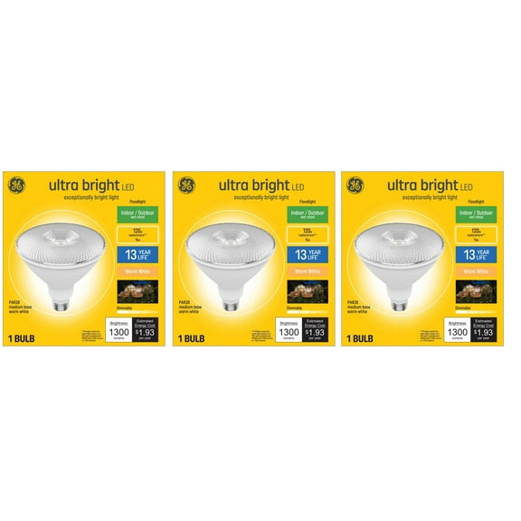 (case of 3) GE ultra bright LED PAR38, 16 watts, 1300 lumens, Dimmable, Indoor and Outdoor rated, Warm White 3000K, Medium base, UltraBright LED Light Bulb