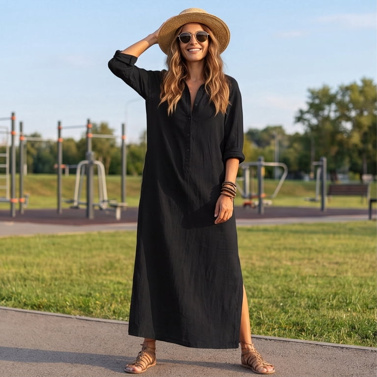 maxi beach shirt dress Organic Cotton Shirt Dress with Pockets | Relaxed Button-Down Maxi Dress -  Beach Coverup- Bohemian Shirt Dress