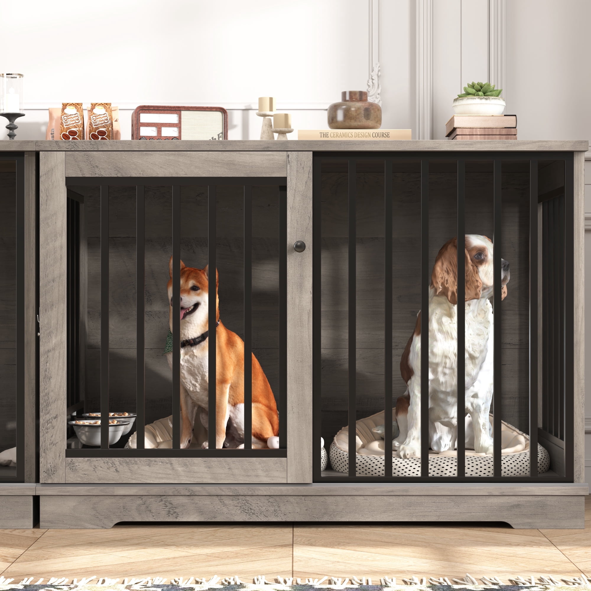 Homfa Dog Crate Furniture, 47.2''W Wooden Indoor Dog Cage Table with Sliding & Lockable Doors, Gray