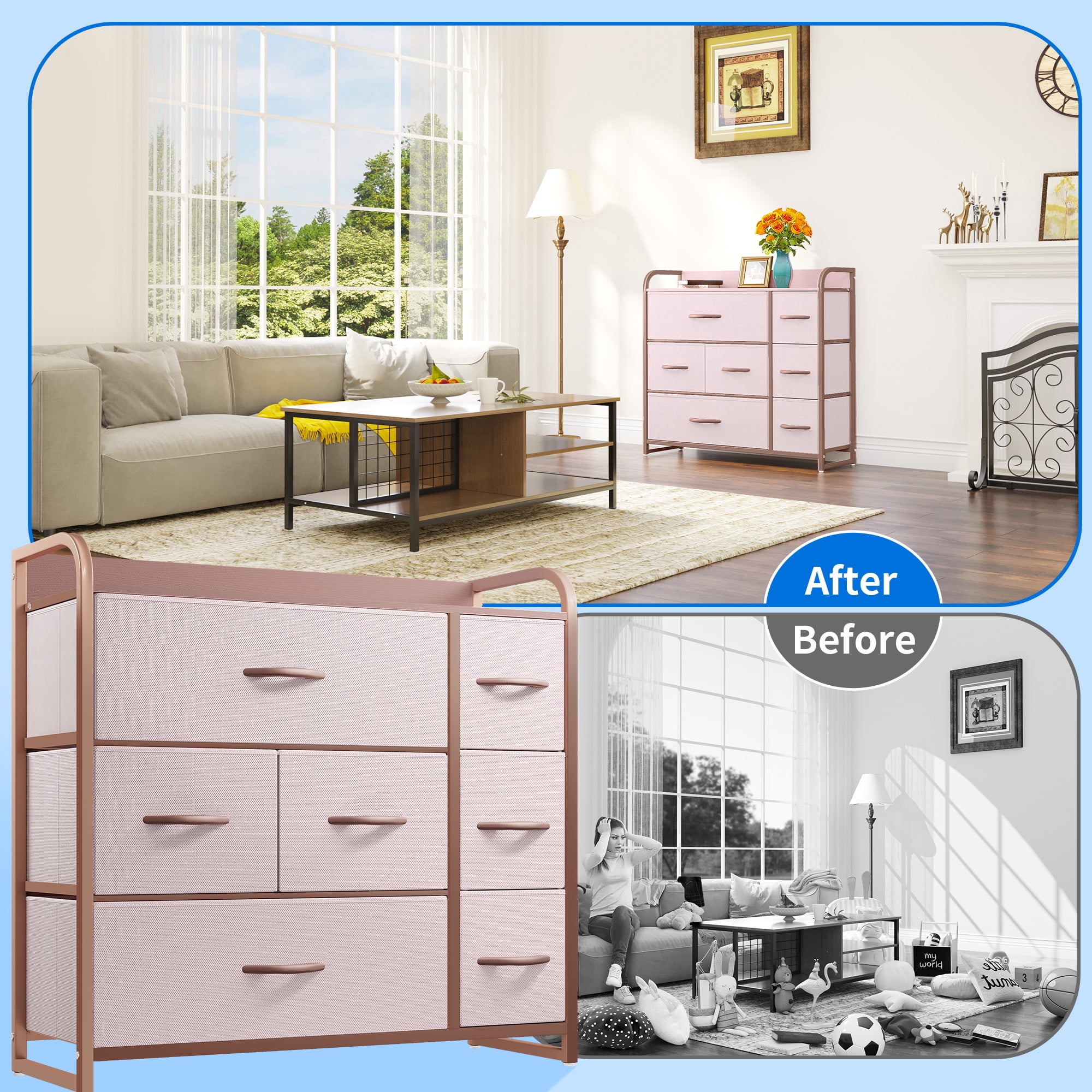 Uforic 7-Drawer Fabric Dresser for Adults, Pink Storage with Rose Gold Metal Frame, & Closet
