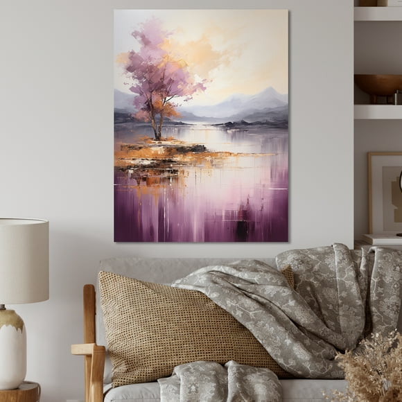 Designart "Purple & Gold Mountain Vista IV" Abstract Landscapes Metal Wall Art, Purple Metal Wall Decor, Modern Metal Art Decor For Office Room - 16x32 Inch