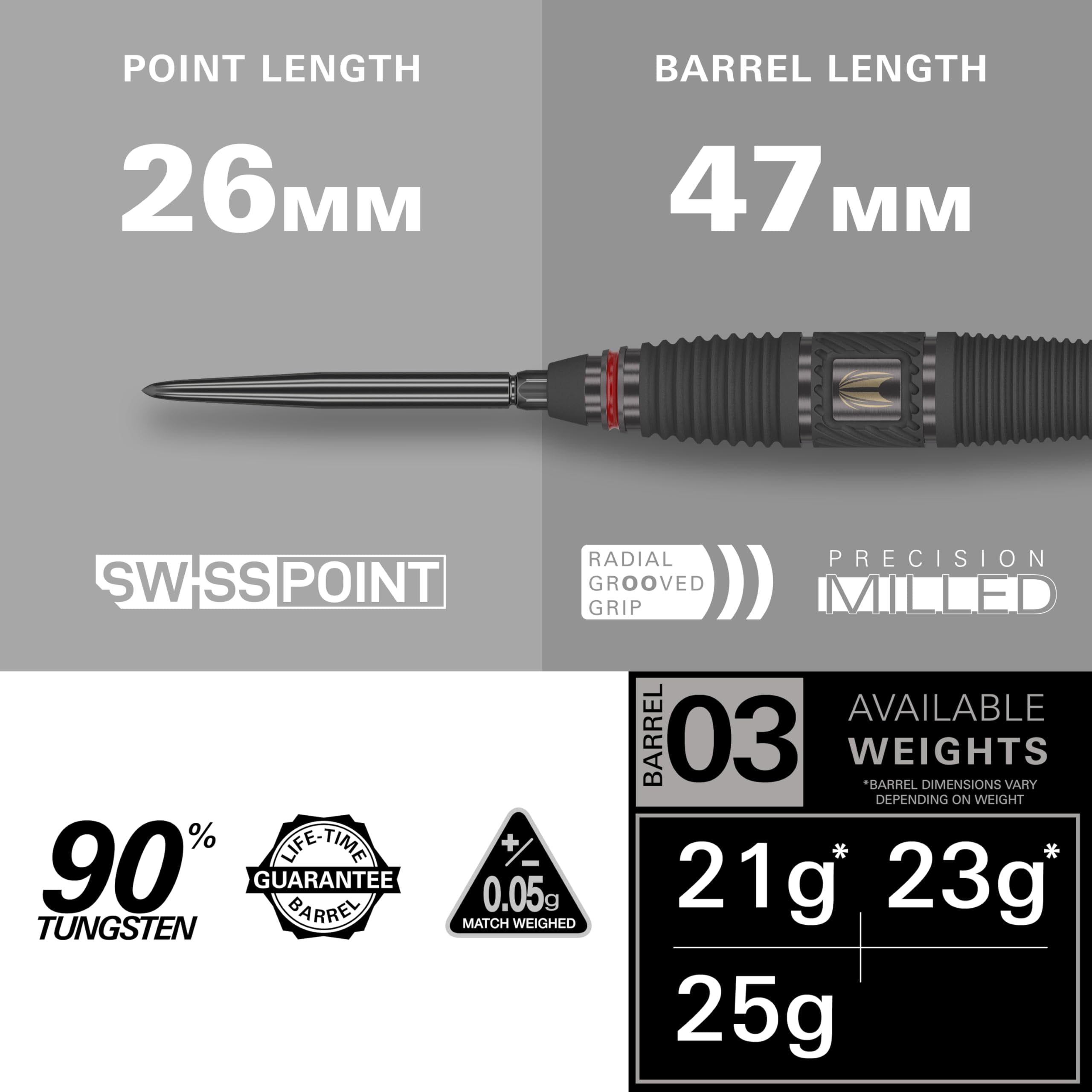Target Darts 90% Tungsten Steel Tip Swiss Point Darts Set w/ Swiss Points & Tool, 25g, 3 Count