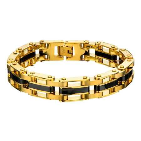 - Mens Stainless Steel Gold IP with Black IP Link Bracelet 8 1/2 inch Long with Self-Adjustable Link