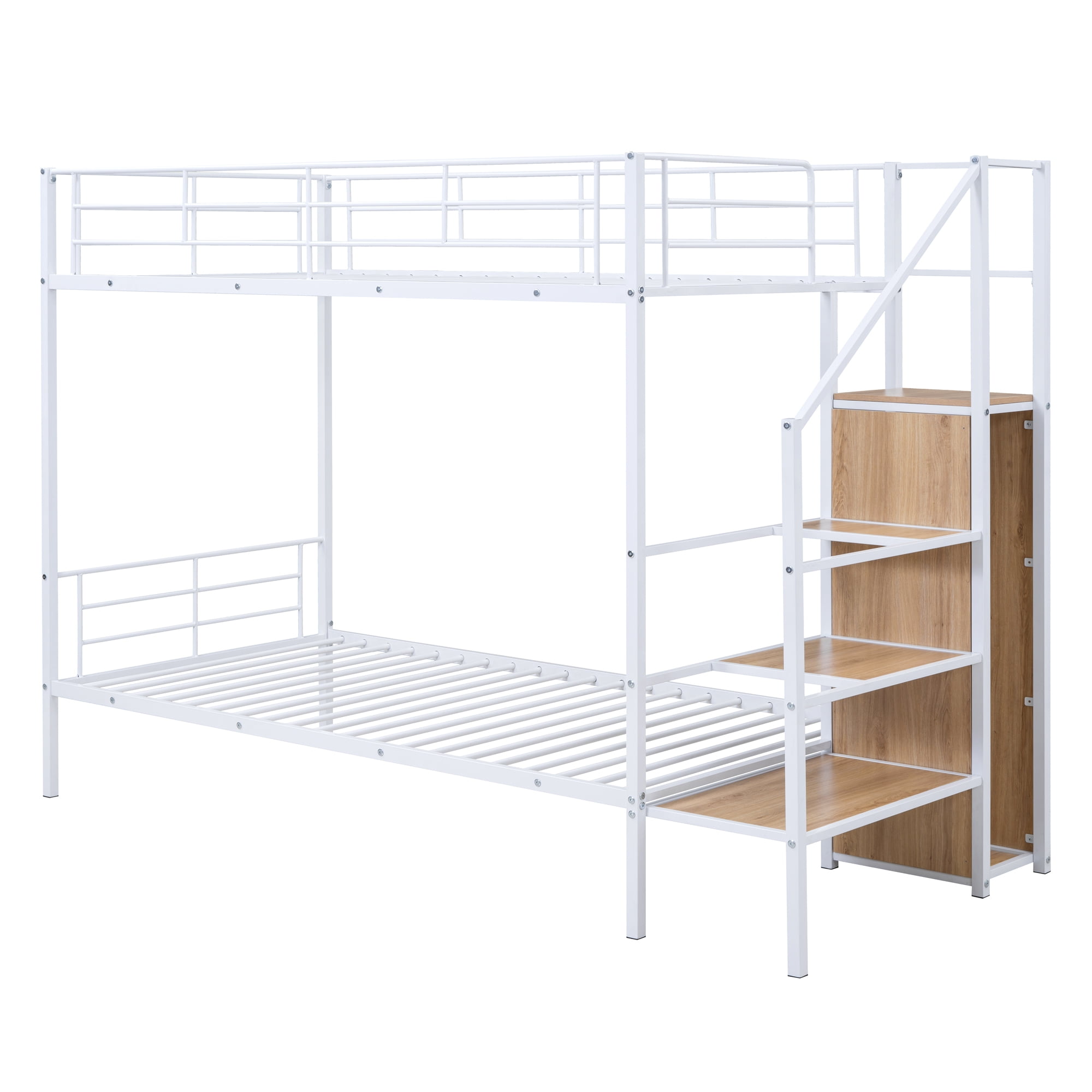 Euroco Metal Twin over Twin Bunk Bed for Kids Teens Adults, Space-Saving with Staircase and Wardrobe, White