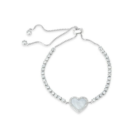 10mm Mother Of Pearl and White Cubic Zirconia Sterling Silver Rhodium Plated Heart Box Chain Bolo Bracelet 10