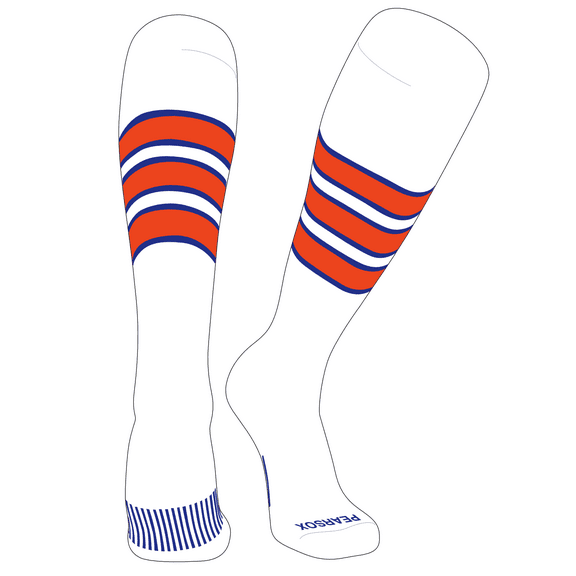 PEAR SOX Striped OTC Baseball, Softball, Football Socks (C) White, Royal Blue, Orange