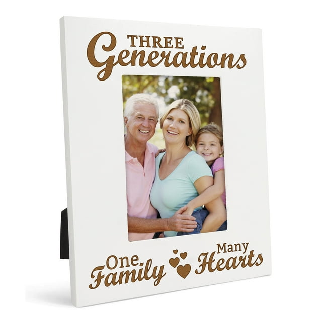 Darling Souvenir Made With Love Engraved Table Top Photo Frame Wooden Three Generations One Family Many Hearts Quotes White Picture Frame Gift For Family, 5 x 7 Photo Size Vertical