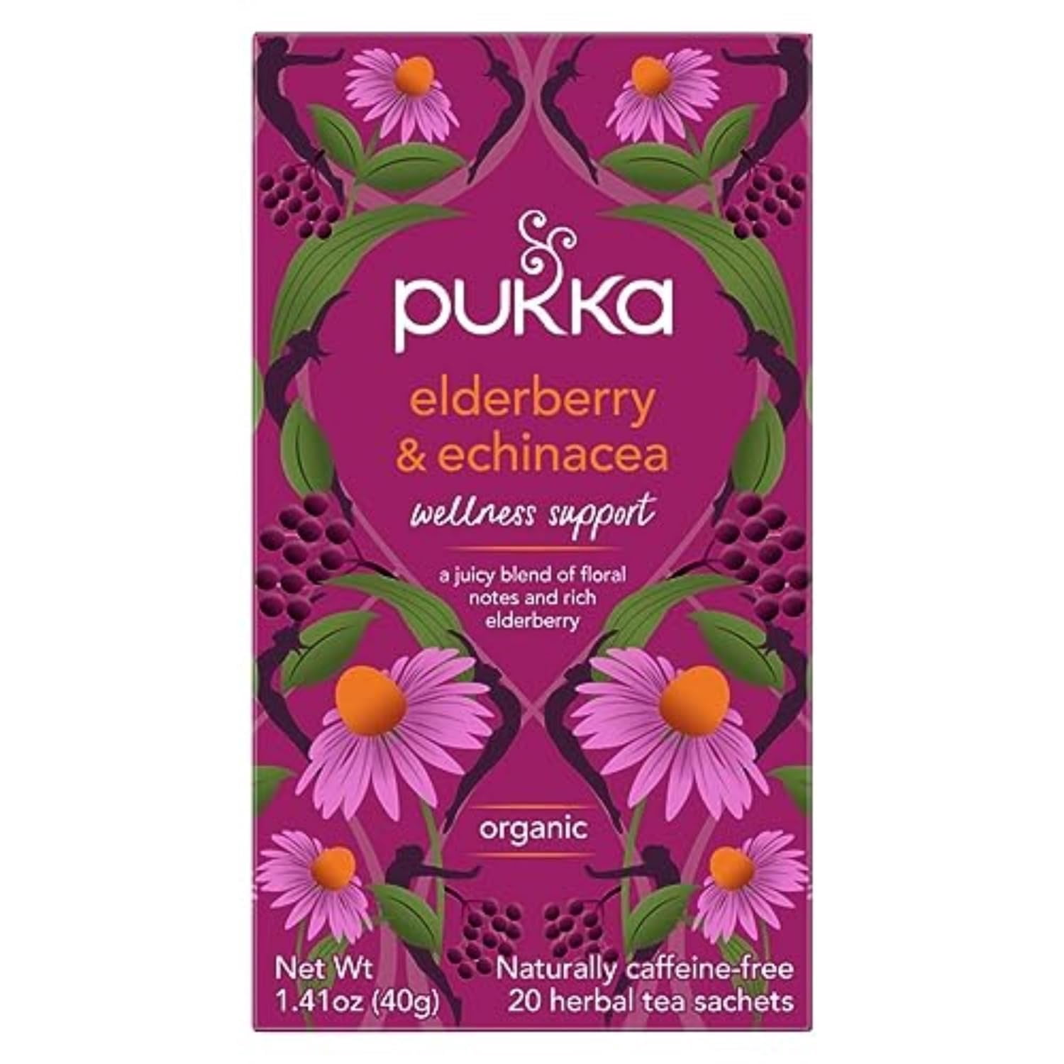 Pukka Organic Tea Bags, Elderberry & Echinacea Herbal Tea, Perfect for Wellness Support, Caffeine Free, 20 Count (Pack of 4) 80 Bags