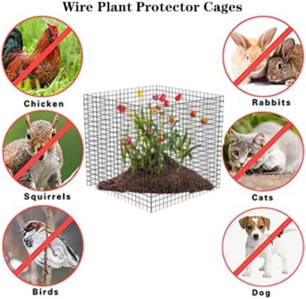 12Pcs Wire Plant Protectors, 11.8" Square Wire Plant Cages Mesh Plant Cage Chicken Wire Cloche with 12 Ground Stakes and 50 Nylon Ties Protect Plants, Garden,Shrubs and Vegetables from Animals