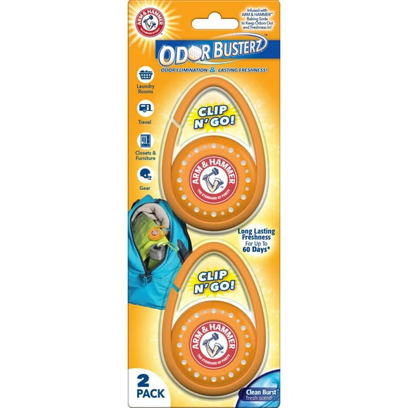 Arm & Hammer Clip N-Go Deodorizer Odor Busterz, 2 Pack, Odor Elimination & Freshness