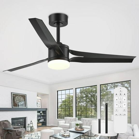 ALKAFY 52 inch Black Modern Industrial Ceiling Fan with Light & Remote - 3-Blade, Reversible DC Motor, Living/Bedroom