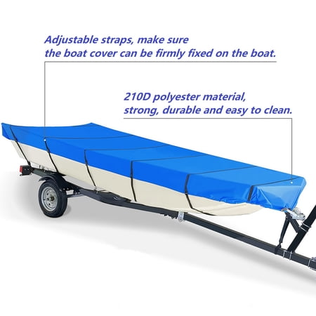 Jon Boat Cover Waterproof Heavy Duty Blue Boat Cover with Adjustable Straps， 14ft x 70in 210 Denier Polyester