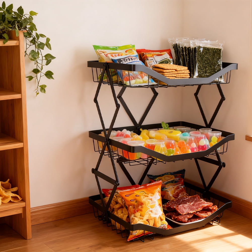 Yucurem 3 Tier Fruit Basket, Stackable Kitchen Cart Wheels, Metal  Rolling Cart for Vegetable, Snacks, Black