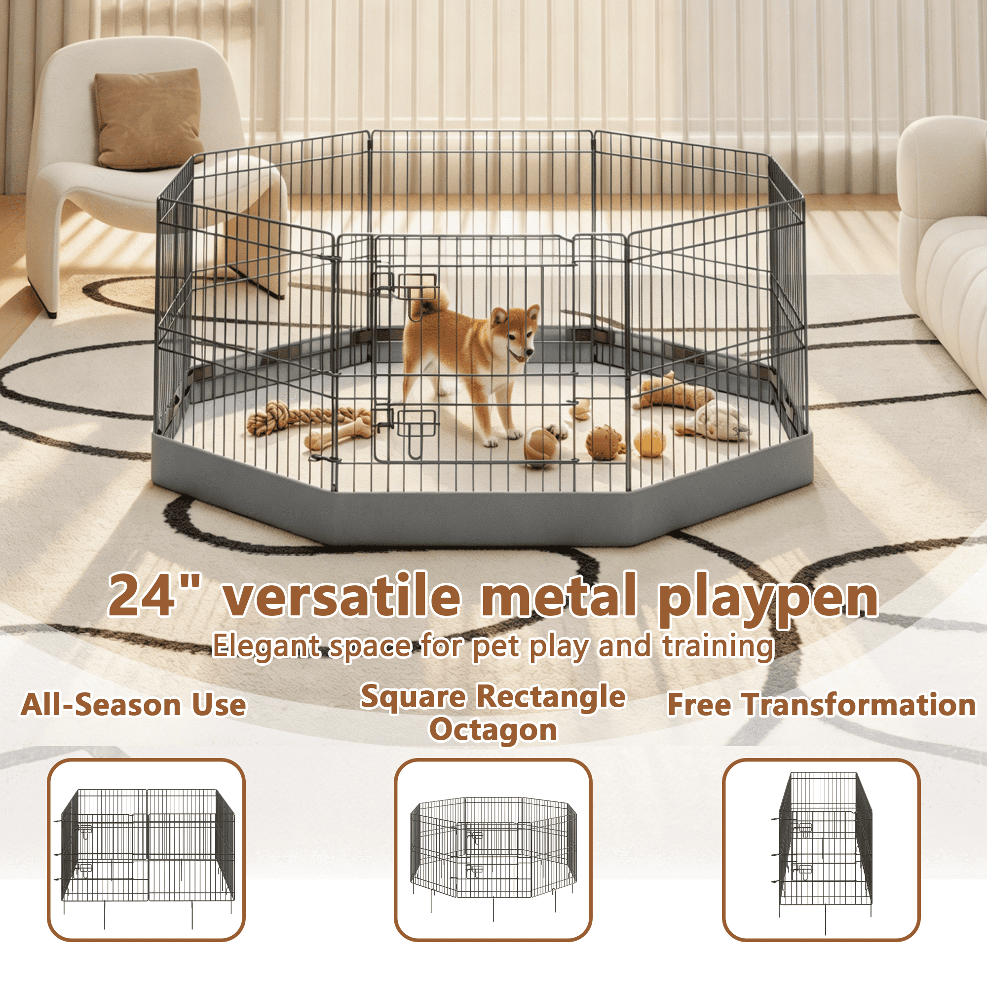 24 Inch 8 Panels Metal Dog Playpen with 600D Waterproof Bottom Pad, Black