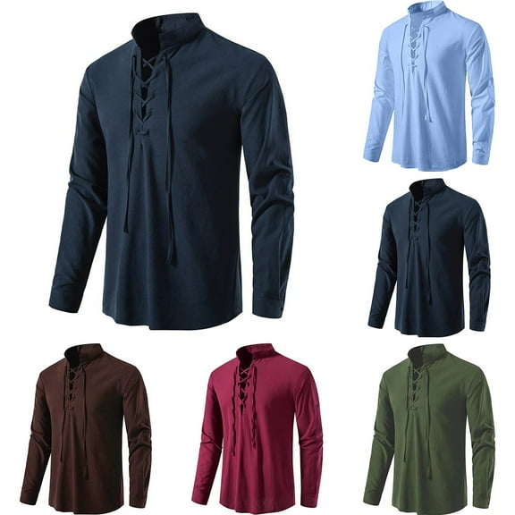Jinhomg Men's Long Sleeve Shirts Retro Medieval Viking Style Lace Up Tops Casual Comfort Cotton Linen Spring Summer Costume 90% off Clearance Sale Army Green L