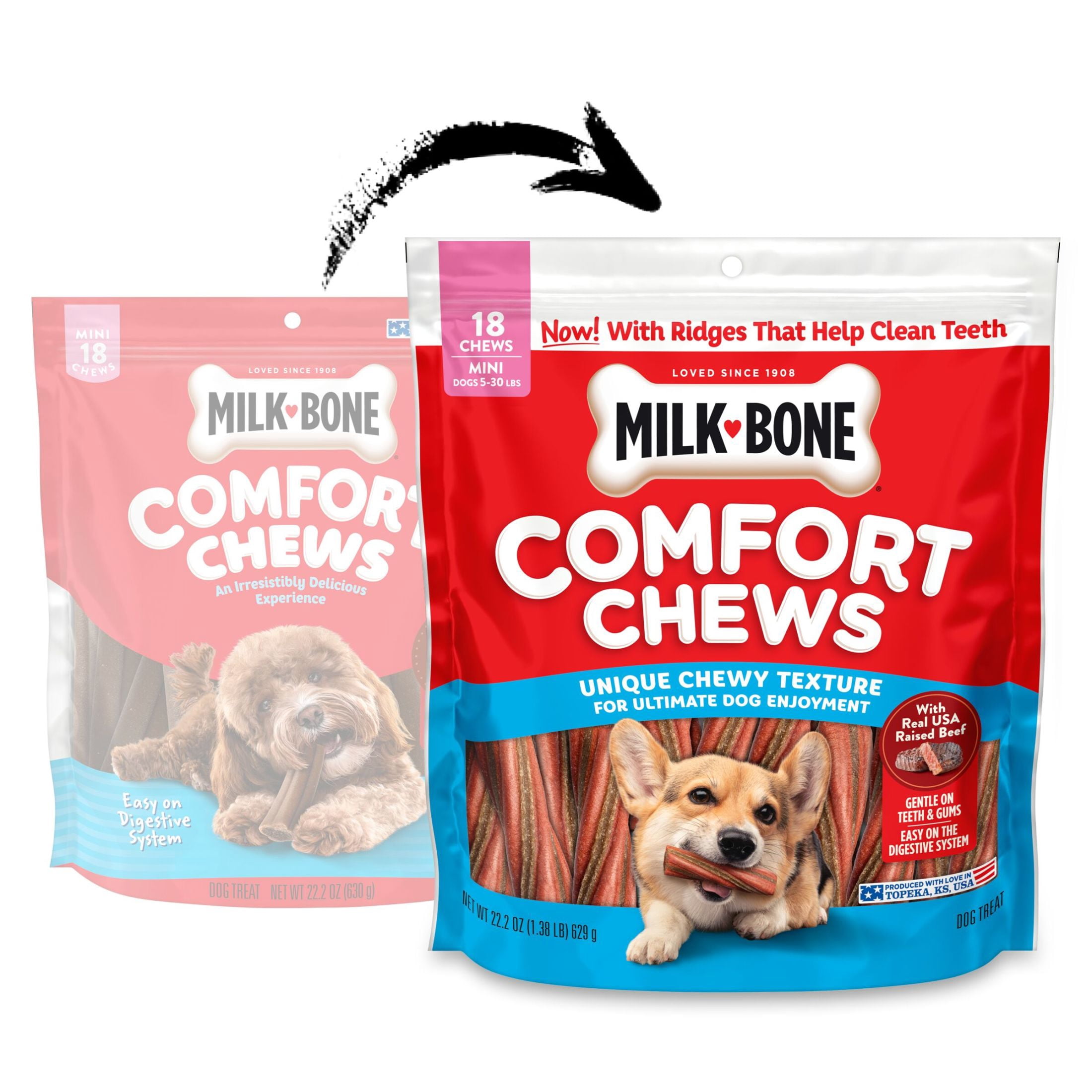 (4 pack) Milk Bone Comfort Chews, Mini Dog Chews with Unique Chewy Texture and Real Beef, 22.2 oz Bag (18 Chews)