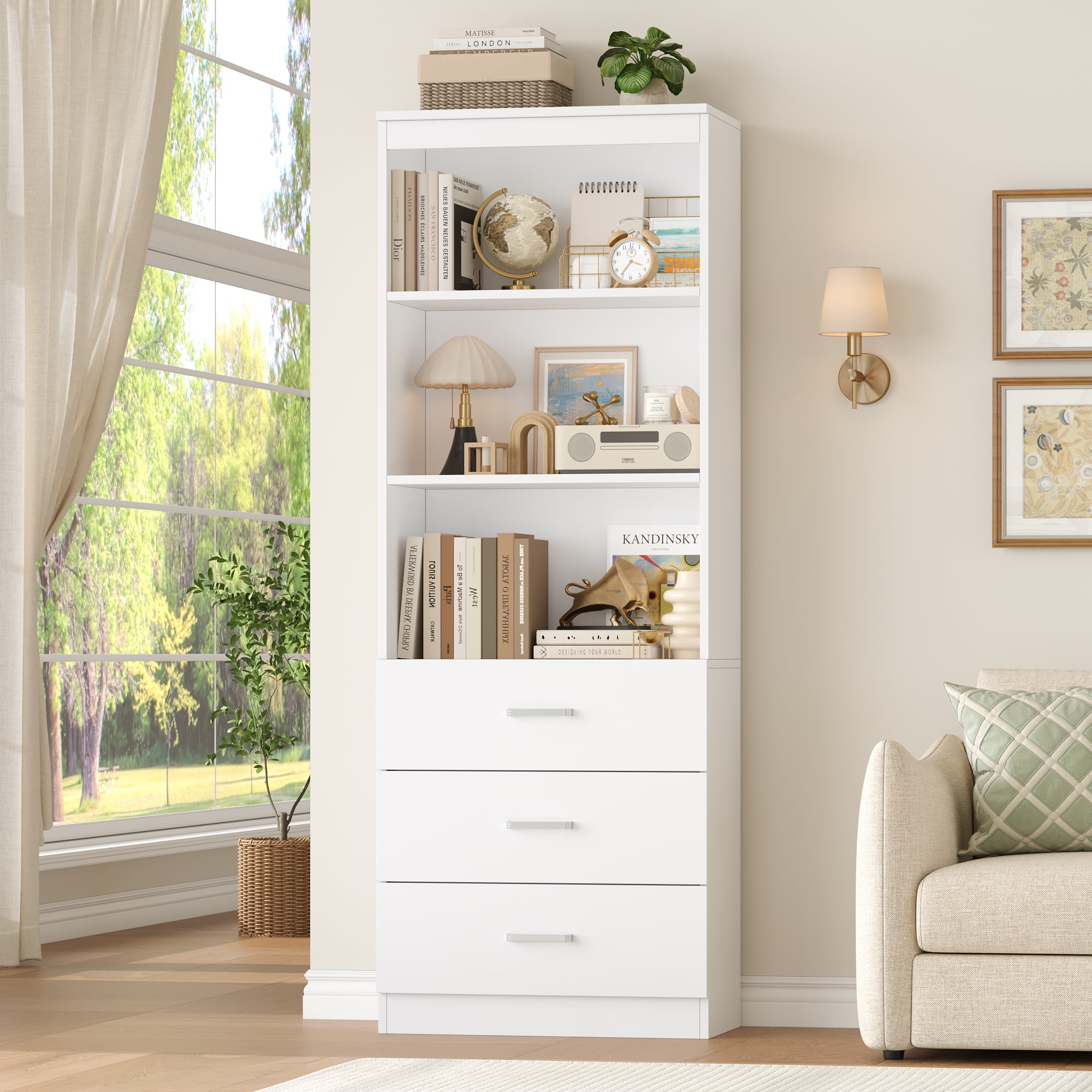 Homfa 71" Tall Bookcases with 3 Large Drawers, 3 Tier Wooden Storage Bookshelf for Living Room Home Office, White