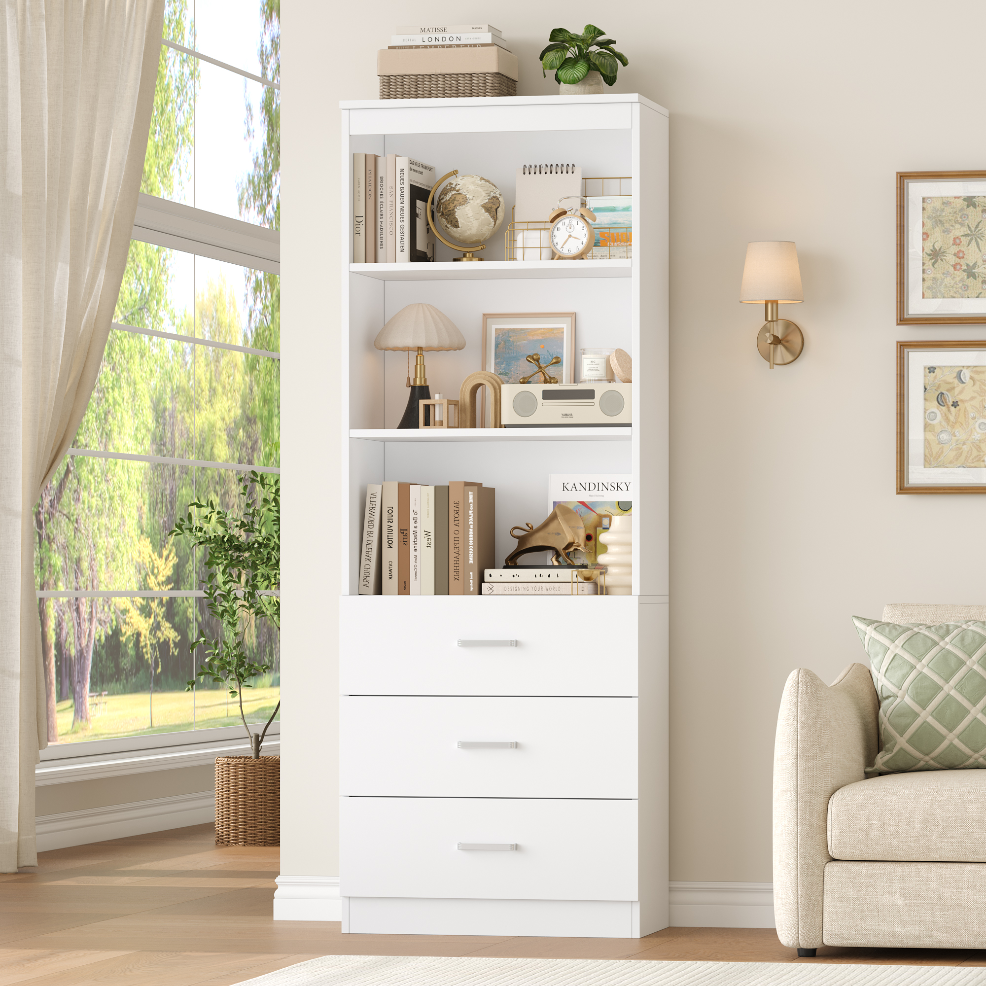 Homfa 71" Tall Bookcase with 3 Drawers, White photo 3