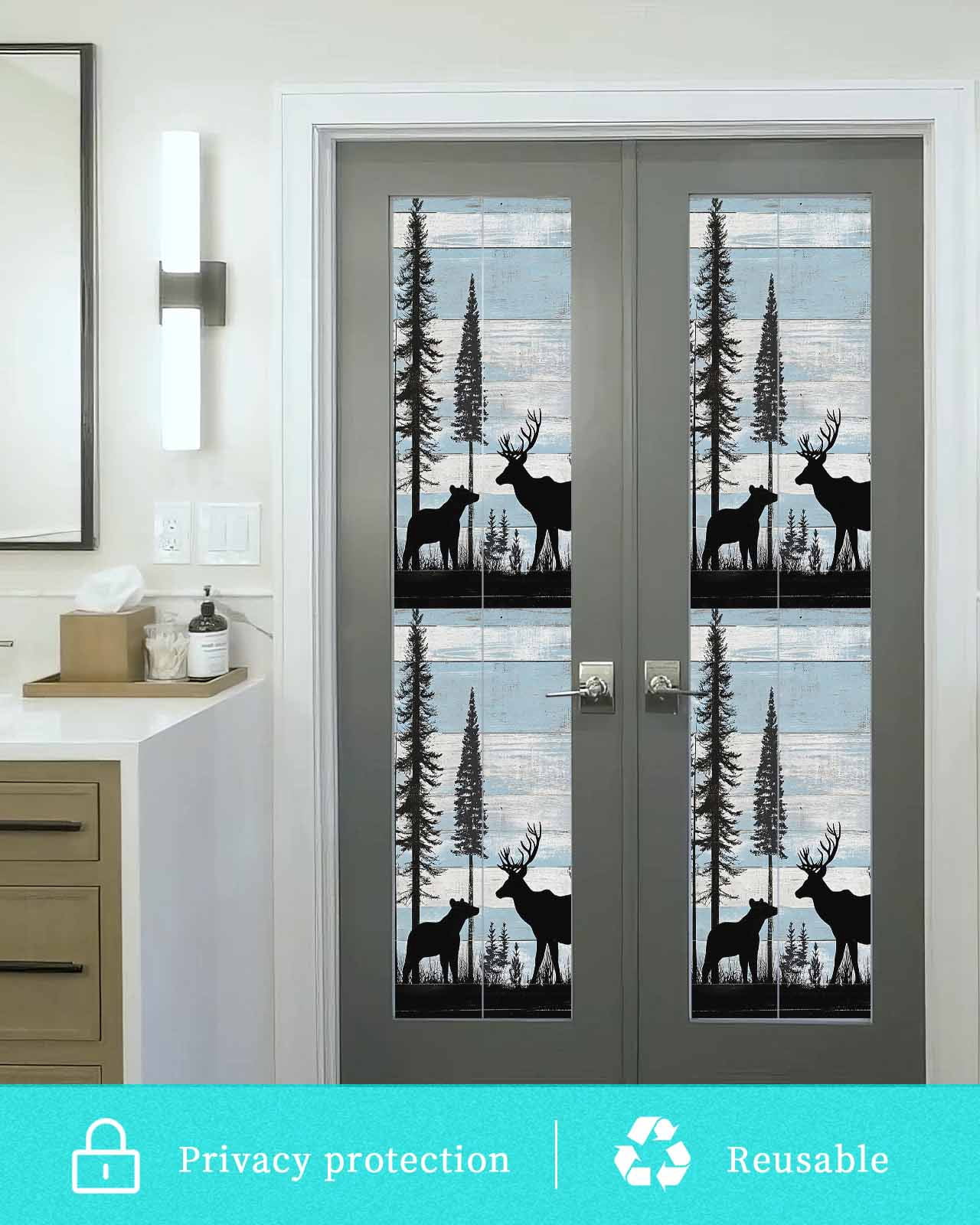 Window Privacy Film Deer Bear Stained Glass Window Film Decorative Sun Block Window Cover Retro Farmhouse Trees Forest Wooden Grain Window Clings Static Adhesive Sticker for Bathroom 29.5"x118"
