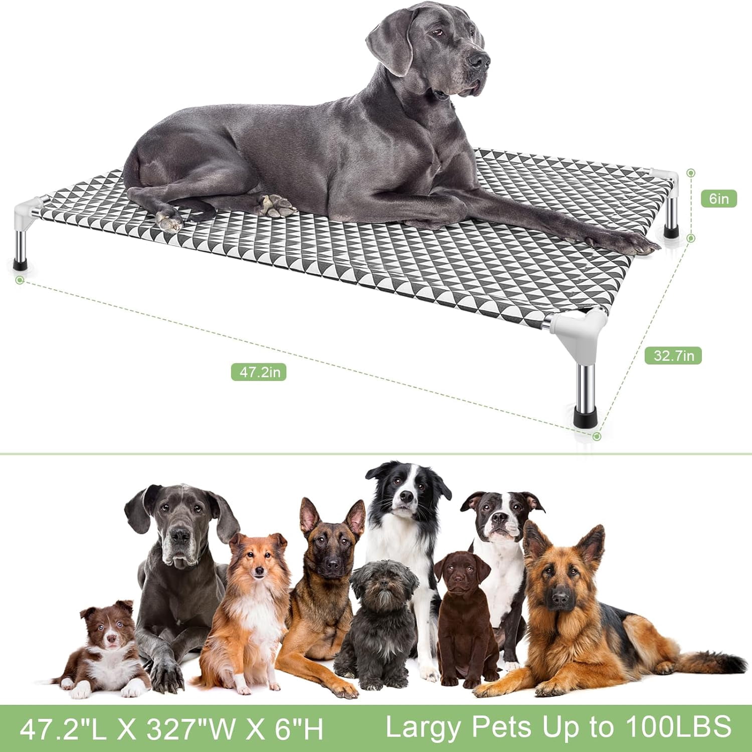 Elevated Outdoor Dog Bed, Large Size, Cotton Material, Non-Slip Feet, Fits up to 100lbs
