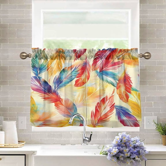 BZSMCE Set of 2 Pieces Kitchen Window Curtain Fashion Feathered Whimsy Printed 27x24in/27x36in