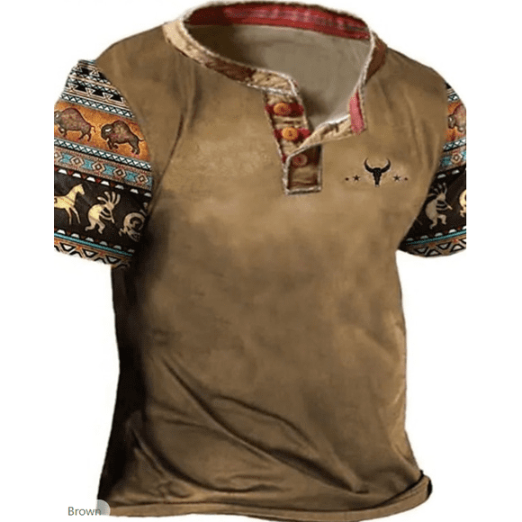 Men's Vintage Western Tribal Print Henley Short Sleeve T-Shirt, Aztec Pattern Sleeve Casual Button Tee for Outdoor & Daily Wear