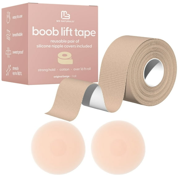 M3 Boob Lift Tape for Women | Invisible, Sweat-Proof, Stretchable Bra Tape for Strapless Dress | Boobtape for Large Breasts with Silicone Nipple Covers