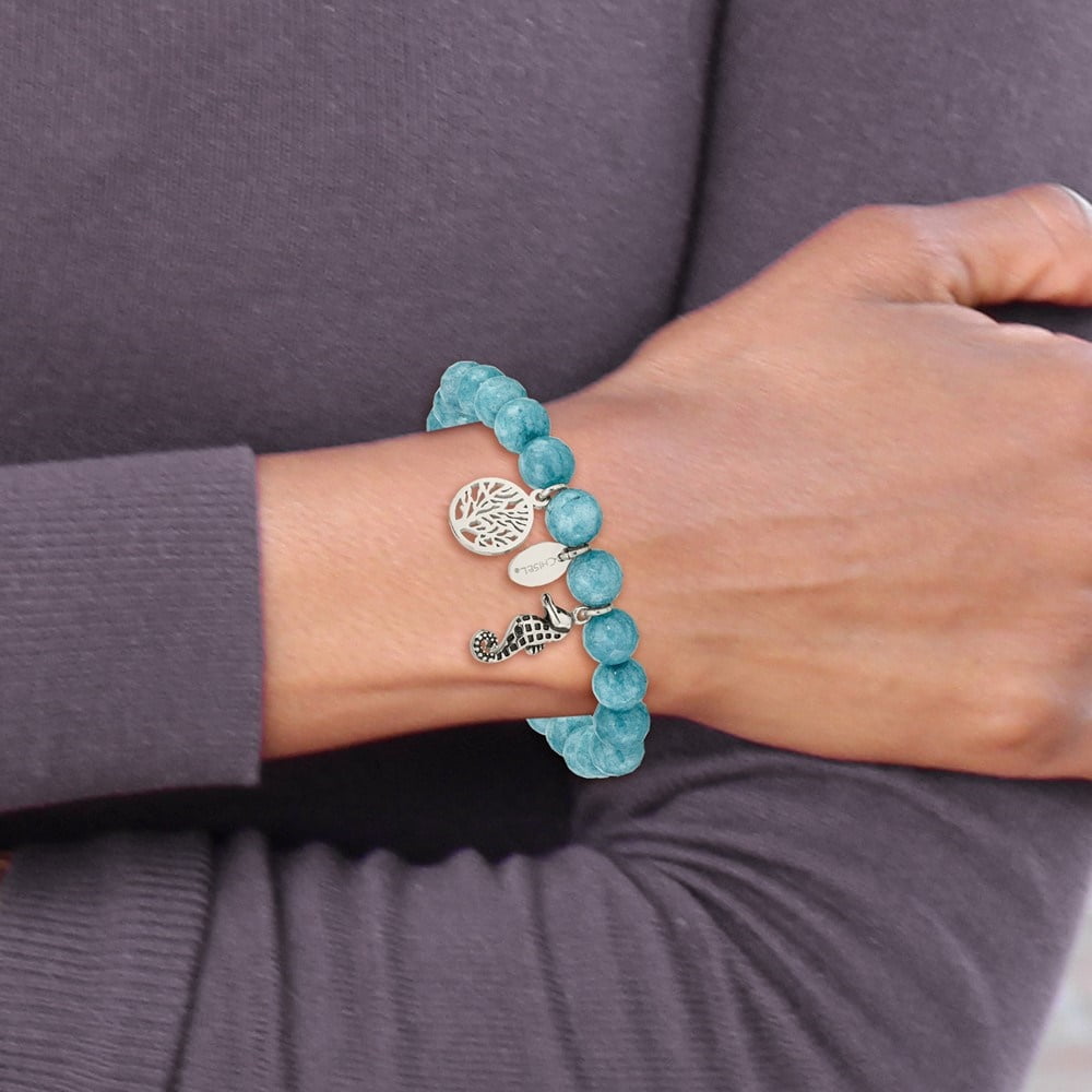 Diamond2Deal Stainless Steel Seahorse and Tree of Life 8mm Blue Dyed Jade Beaded Stretch Bracelet for Women 6.25"