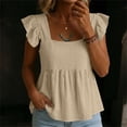 thumbnail image 2 of hlysgo Womens Square Neck Top Ruffle Short Sleeve Palazzo Tops Cute Smocked Babydoll Summer Blouses Khaki,L, 2 of 6
