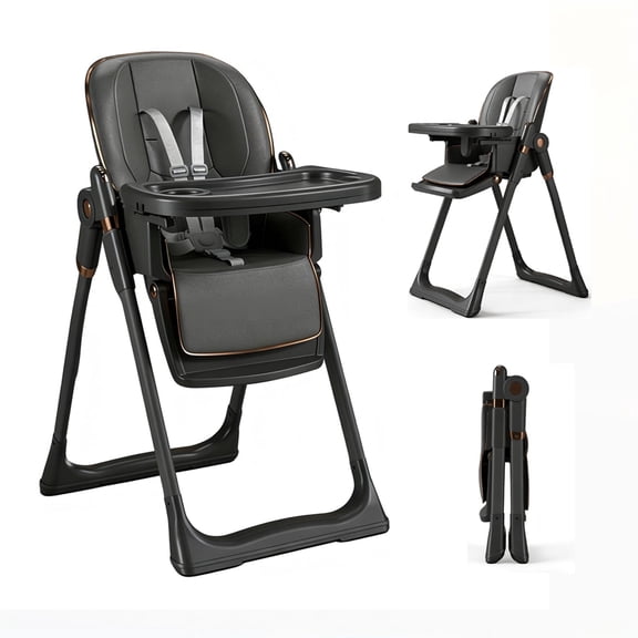 Cochildor Foldable High Chair for Babies & Toddlers, with 5 Point Harness, Tray, Foot Rest and Wheels, Gray