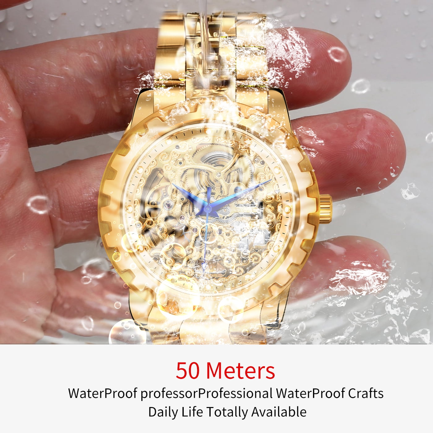 BERNY Automatic Watches for Men, Luxury Skeleton Mechanical Watch Self Winding Carved, Exhibition Caseback, Luminous, 5ATM Waterproof, Stainless Steel, Vintage Men's Wrist Watch (Gold)