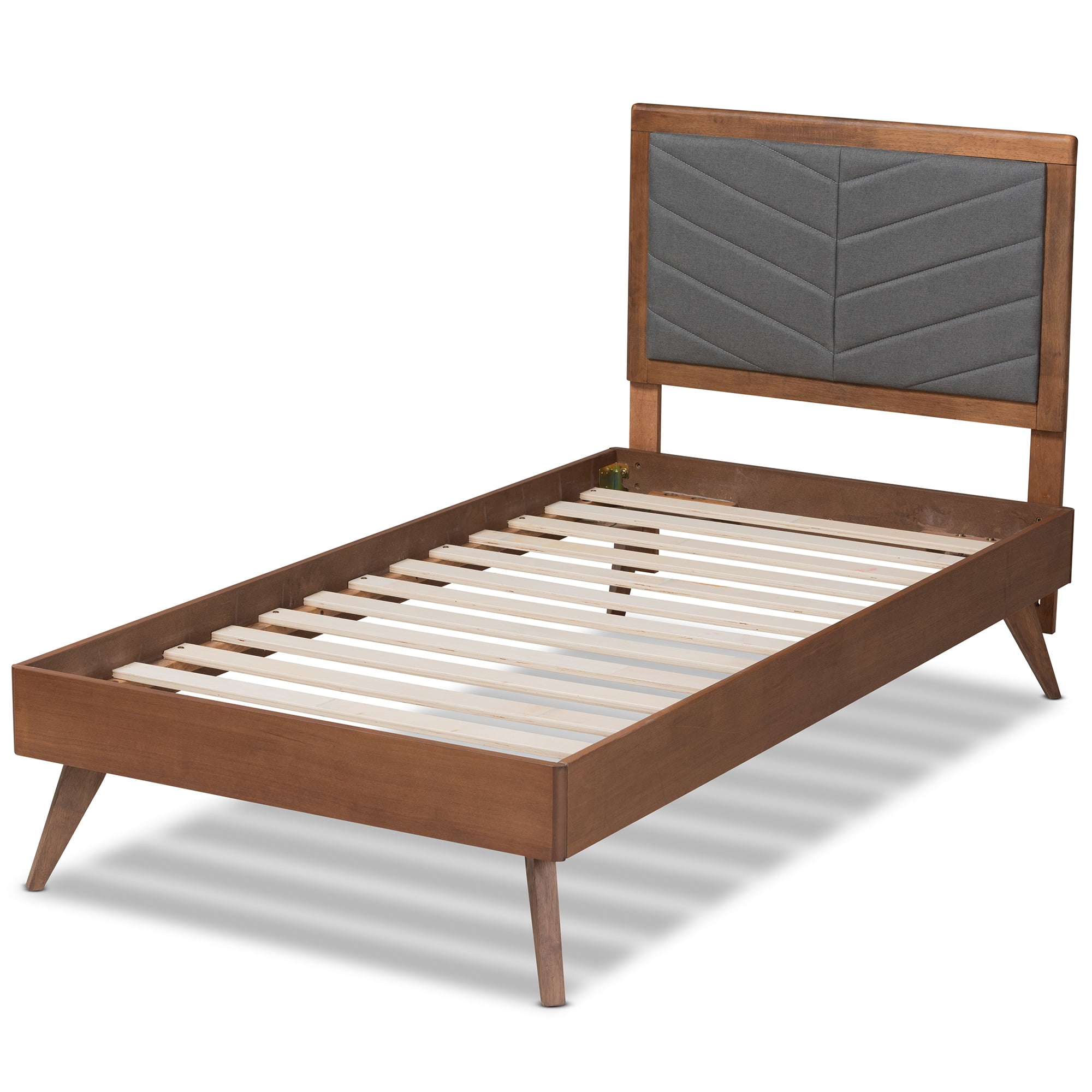 Baxton Studio Roze Mid-Century Modern Dark Grey Fabric Upholstered and Walnut Brown Finished Wood Twin Size Platform Bed