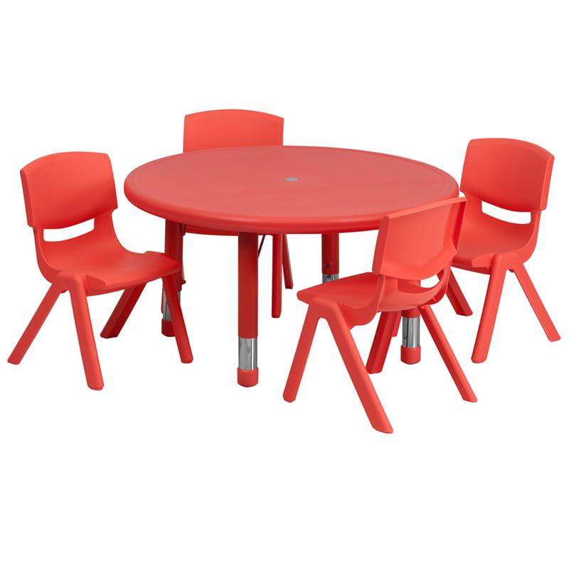 KIDS 45'' ROUND ADJUSTABLE RED PLASTIC ACTIVITY TABLE SET WITH 2 STACK CHAIRS 