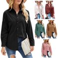 thumbnail image 4 of Blusa de solapa de manga larga con bolsillos Camisa casual con botones para mujer para otoño e invierno, 4 of 6