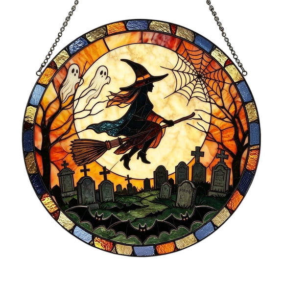 Stained Glass Halloween Witch Window Hanging Decor, 11.8" Flying Witch Acrylic Suncatcher Hanging Ornament for Garden Porch Wall Home Decoration