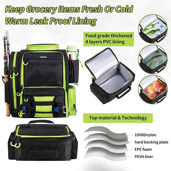 BLISSWILL Large Fishing Backpack with Cooler for 3 Tackle Boxes - Waterproof Rod Holder Bag for Camping Hiking