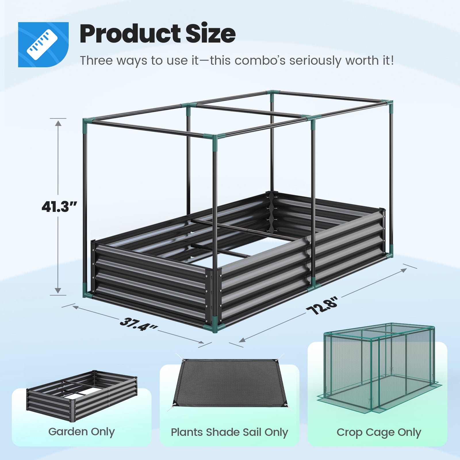 Quictent 6x3x1 ft Raised Garden Bed Galvanized Steel Metal with Crop Cage Plant Protection Net Tent Shade Cloth Kit Metal Planter Box Dark Gray