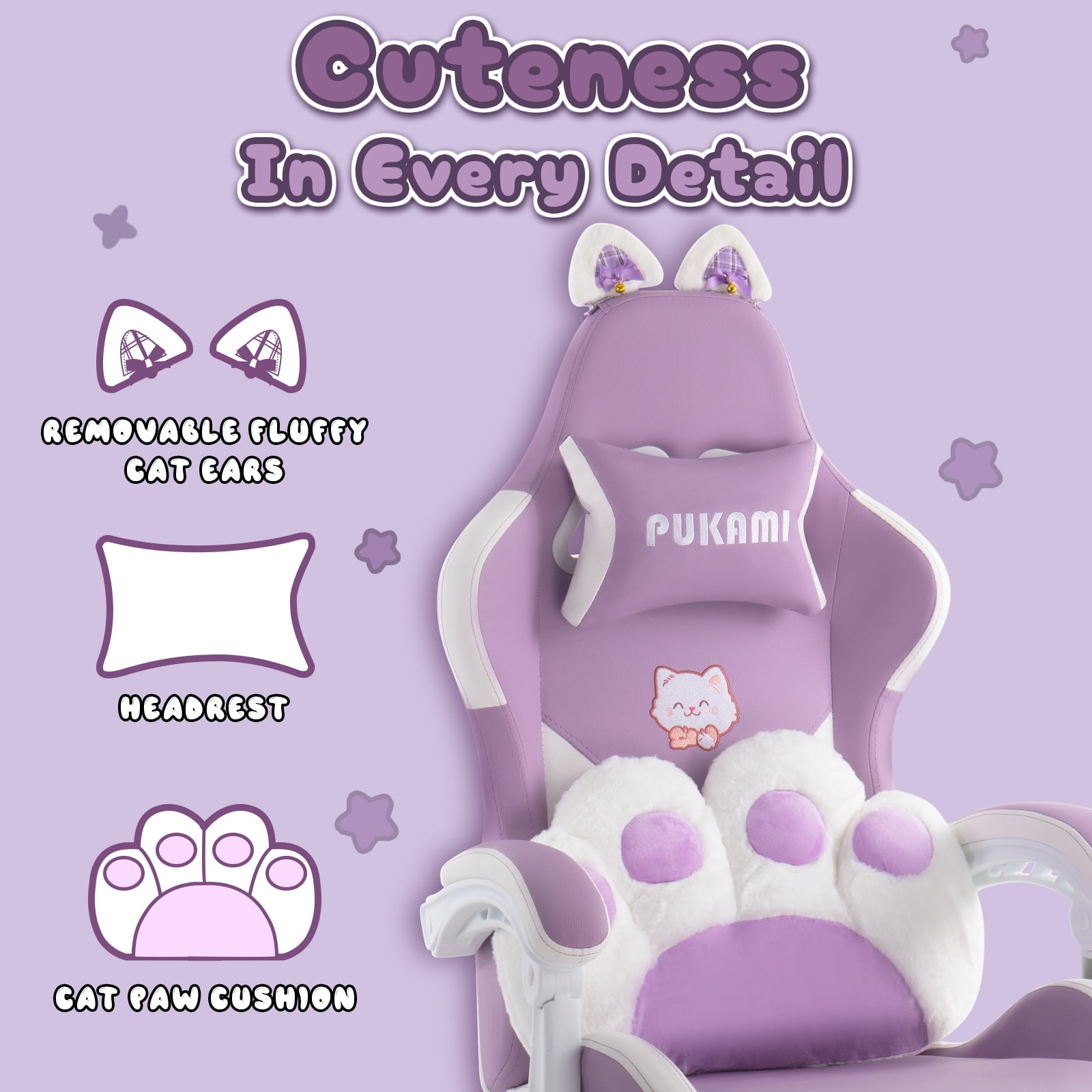 BOSSIN Gaming Chair,Ergonomic Computer Chair for adult with Cat Paw Lumbar Cushion and Cat Ears