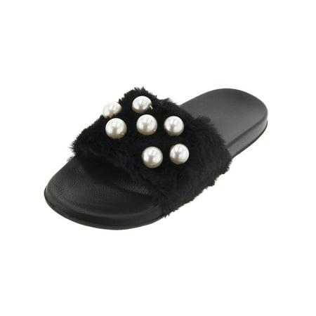 Mother Of Pearl Slippers - PJ Couture Women's Black Faux Fur Pearls Slide Slippers