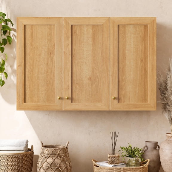 EYYTHUNG Large Wall Cabinets Laundry Room Wall Mounted Medicine Cabinet with 3 Door and Shelves Floating Cupboard Kitchen Organizers Pantry Cabinets, Natural Oak