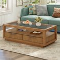 thumbnail image 4 of Display Coffee Table with Open Storage Shelf and 2 Drawers, Rectangular Center Table with Transparent Tempered Glass Top, Wood Sofa Table for Living Room, 4 of 8