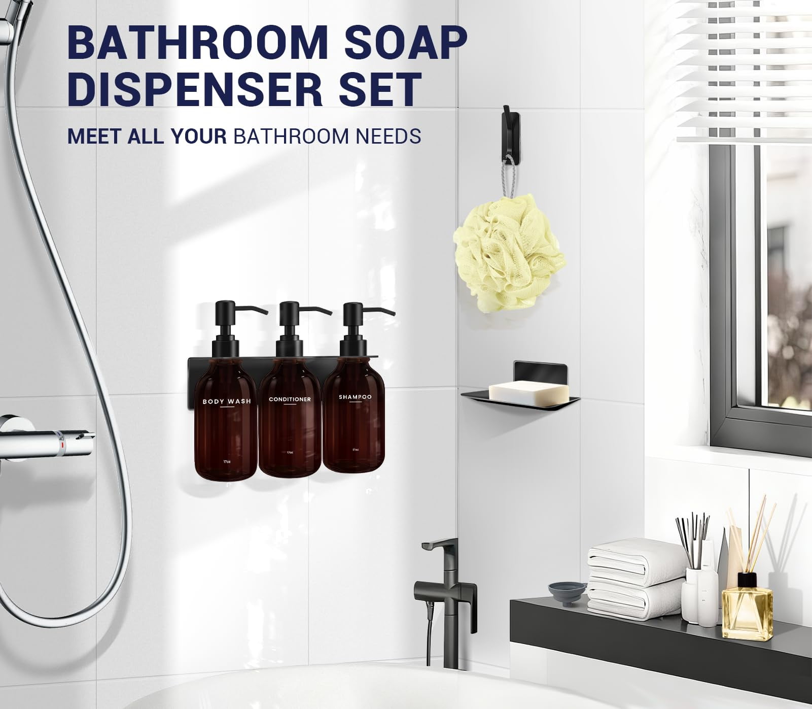 Shampoo and Conditioner Dispenser - Shower Soap Dispenser Wall Mounted - 17 fl oz Set of 3 Brown Plastic Bottles Black Pump - Shampoo Dispenser, Shower Dispenser