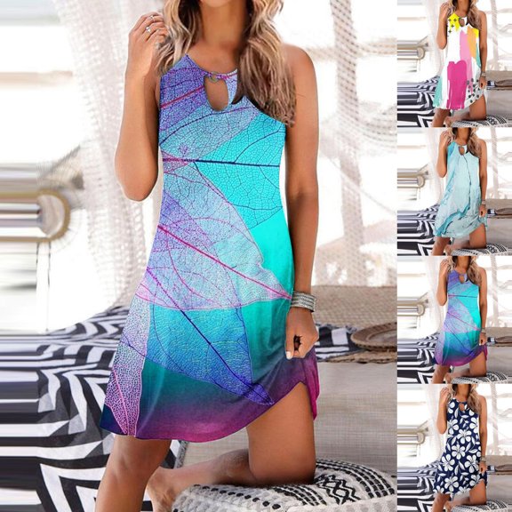 Azrian Womens Plus Size Clearance,Women's Fashion Sexy Round Neck Sleeveless Printed Dresses on Sales