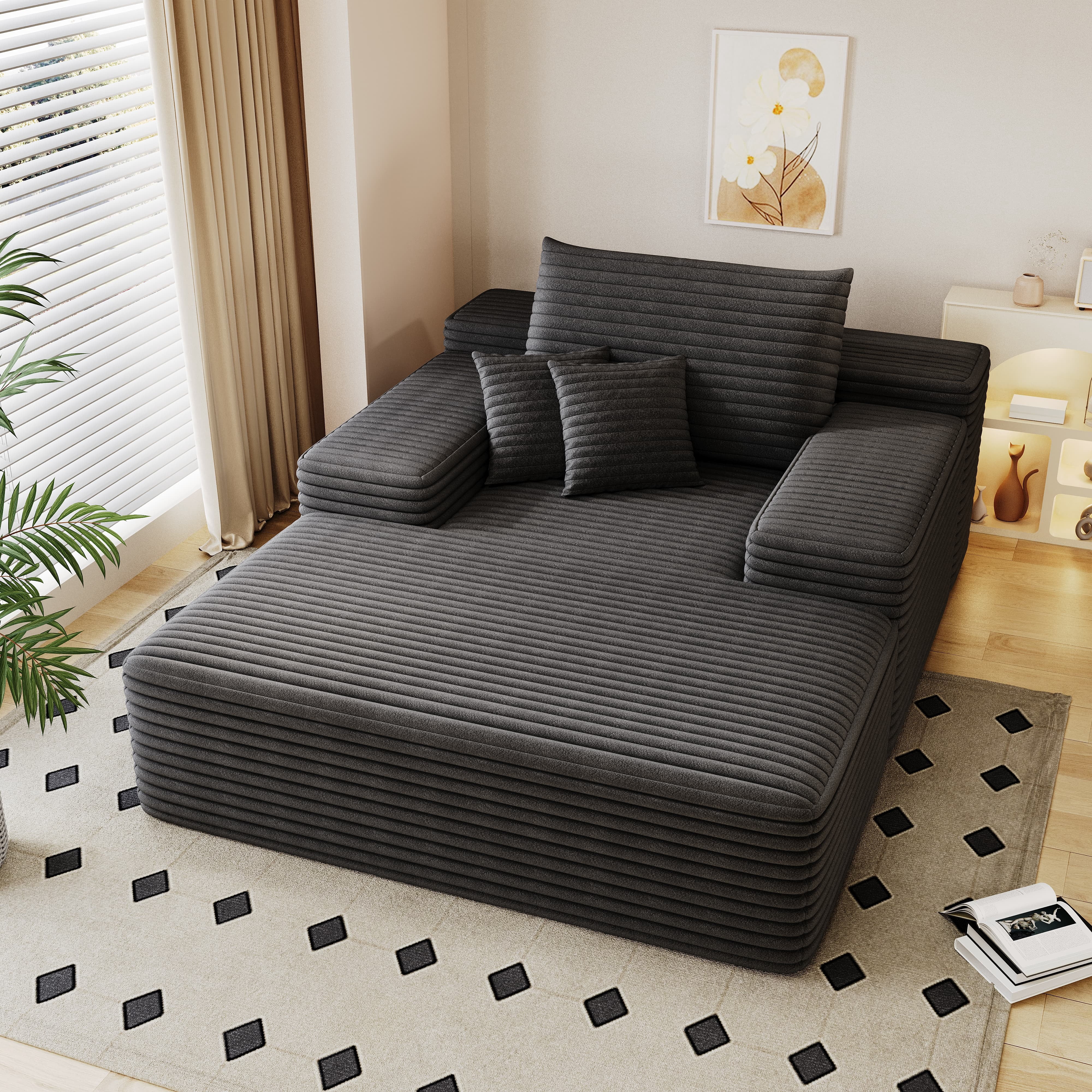 MAYEERTY 68"×51" Chaise Lounge Dark Gray Plush Faux Fur Oversized Sofa Bed Living Room