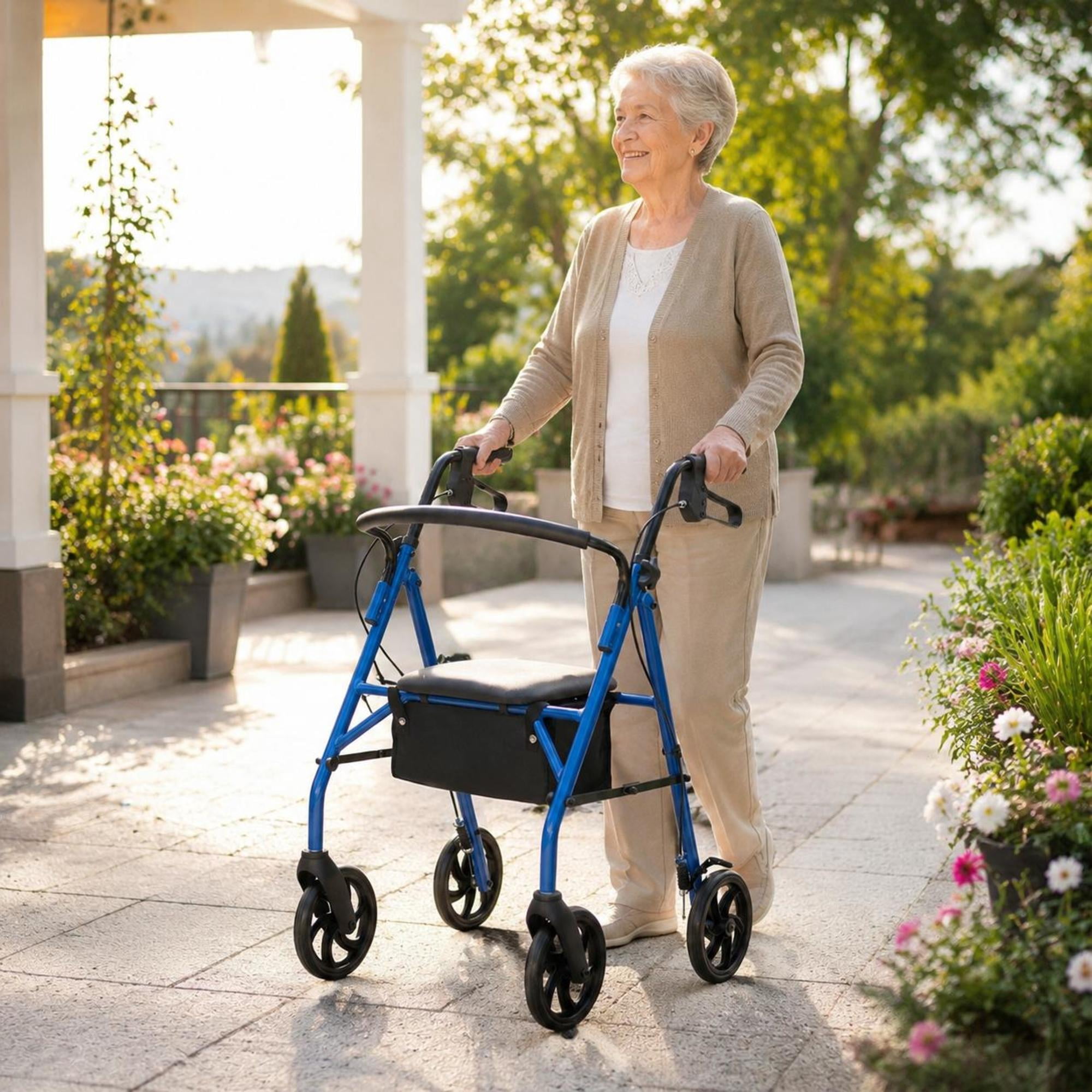 Blue Rollator Walker with Seat, Height Adjustable Handles, Braking System, Foldable Metal Frame